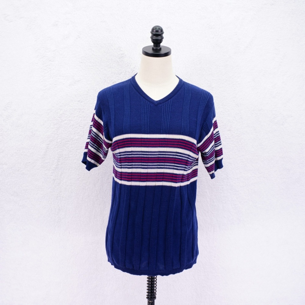 BCBGMaxazria -Small- Blue White Cotton Ribbed Knit  Sweater Top‎ Blouse V-Neck